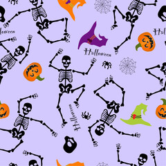 Halloween with Dancing Skeletons seamless pattern. Vector Illustration.
