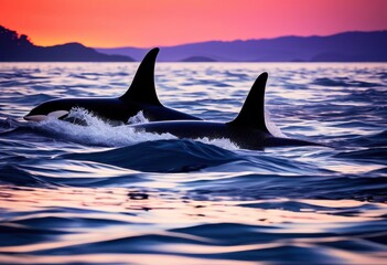 Fototapeta premium majestic orca fins cutting through ocean swells dusk twilight reflections gentle waves, sea, marine, water, animal, mammal, nature, wildlife, creature