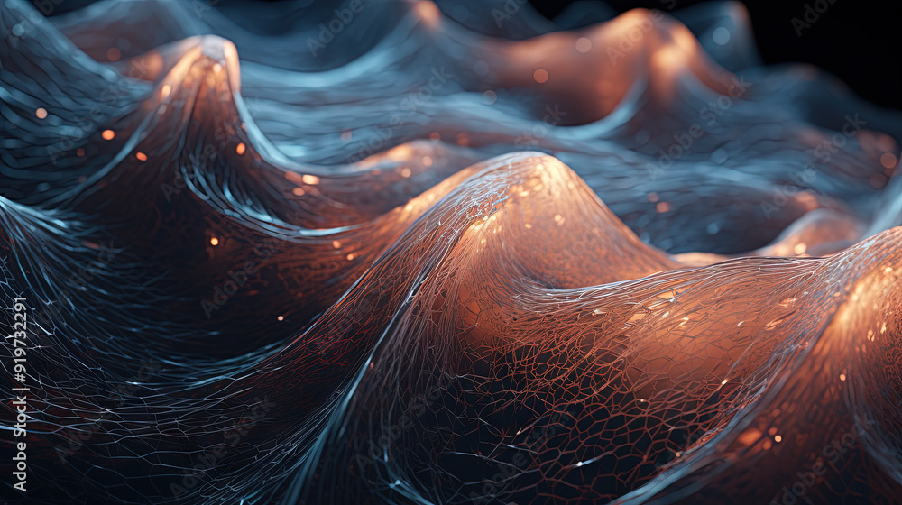 Poster Scientific abstraction with futuristic textured tissue waves. Tech background with close-up wave bio texture