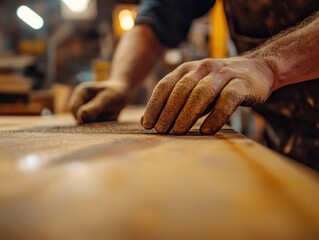 Skilled artisan carefully sanding a wooden surface in a workshop, highlighting craftsmanship and attention to detail.