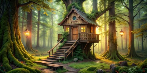 Fototapeta premium Enchanting wooden fairy tree house nestled in the magical woods , Fairy, tree house, mystical, enchanted, whimsical