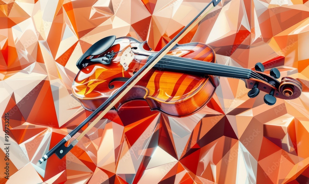 Poster geometric abstraction of a violin, fragmented into angular planes and overlapping perspectives