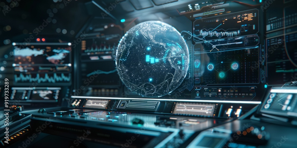 Aufkleber conceptual illustration of a globular earth made up of light dots on a dark background. 3d sci-fi in