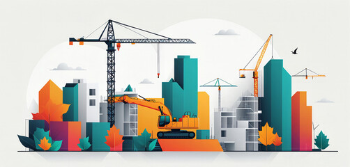 Obraz premium Illustrative graphic depiction of an inner-city construction site, creation of living space and modernization of urban districts