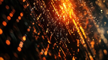 Abstract digital art, orange and black colors, lights, blurry and bokeh effect