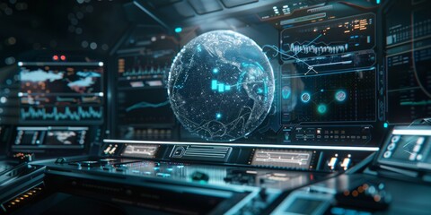 Conceptual illustration of a globular earth made up of light dots on a dark background. 3D sci-fi interface with holographic globe over dashboard. Holographic globe in technical computer.