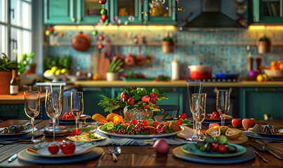 Vibrant kitchen scene capturing the art of cooking, set table, and festive feasting