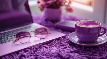 Purple Aesthetic Workspace: Coffee, Laptop, and Sunglasses