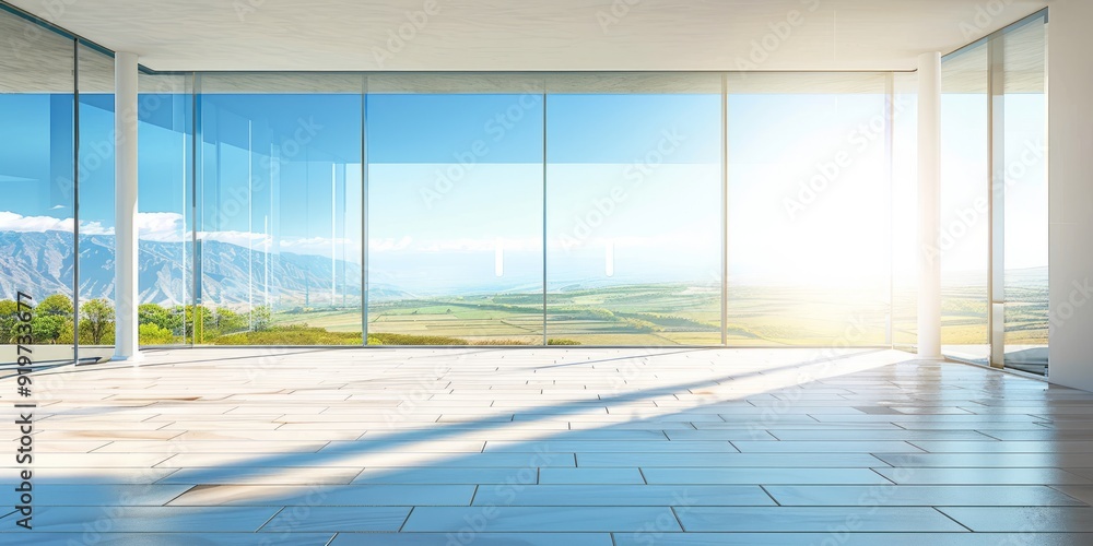 Poster image of empty spacious modern room with large window and glass walls with scenic view of landscape 