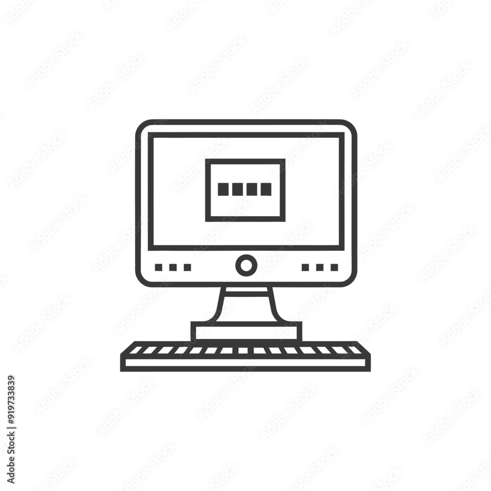 Poster line art illustration of a desktop computer with a keyboard