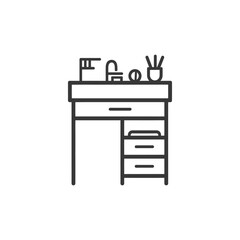 Line Art Illustration of a Desk with a Drawer and a Side Cabinet