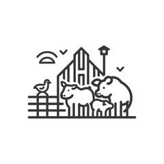 Naklejka premium Line art illustration of a farm with a barn, animals, and a bird