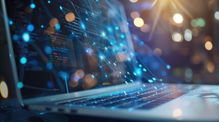 Laptop with Blue Digital Network Lines