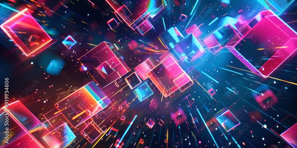 Poster abstract illustration of geometric shapes and structures in colorful neon colors and lights in cyber