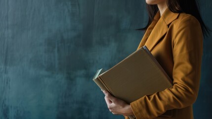 Woman Holding a Book in Front of a Teal Wall