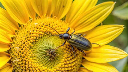 A Black and Green Beetle on a Bright Yellow Sunflower