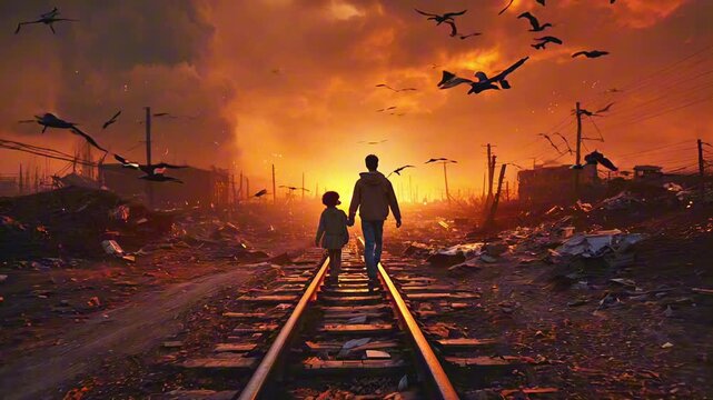 A man and a child walk on a train track in a desolate landscape