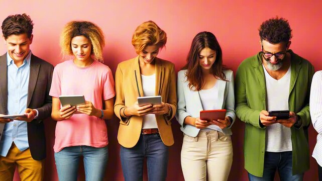 A group of smiling people are standing together and looking at their tablets
