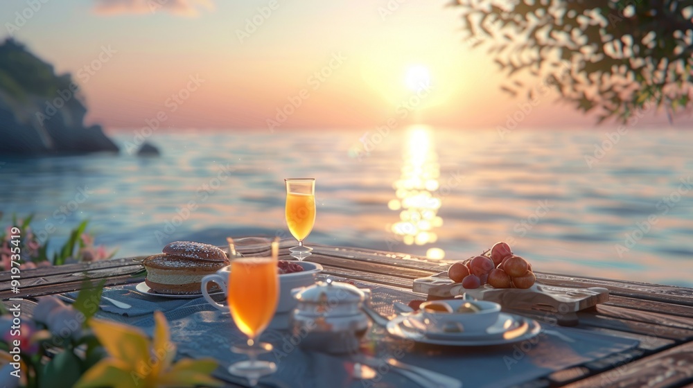 Aufkleber a table with a view of the ocean and a sunset