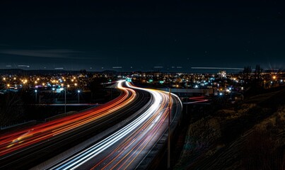 Fototapeta premium Nighttime cityscape with streaks of car lights in a time-lapse