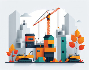 Illustrative graphic depiction of an inner-city construction site, creation of living space and modernization of urban districts