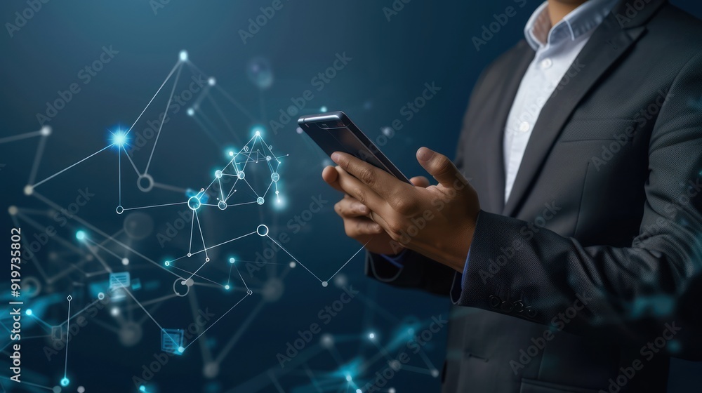 Poster businessman using smartphone with digital network connection
