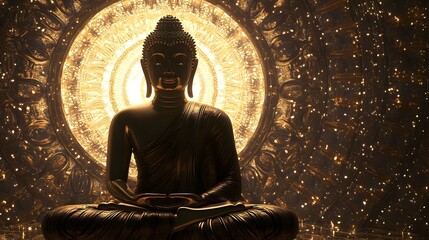 Buddha statue with mandala background, glowing light effect on dark brown color background, high resolution photography