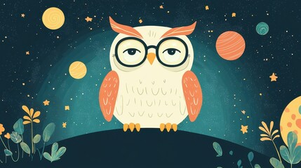 Obraz premium Develop a flat illustration of a wise old owl teaching children about astronomy, with educational elements like stars or planets
