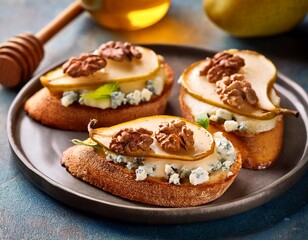 Pear Blue Cheese Honey Crostini with Walnuts. Easy Snack for Surprise Guests Friends