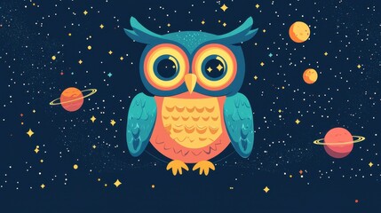 Obraz premium Develop a flat illustration of a wise old owl teaching children about astronomy, with educational elements like stars or planets