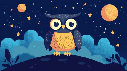 Obraz premium Develop a flat illustration of a wise old owl teaching children about astronomy, with educational elements like stars or planets