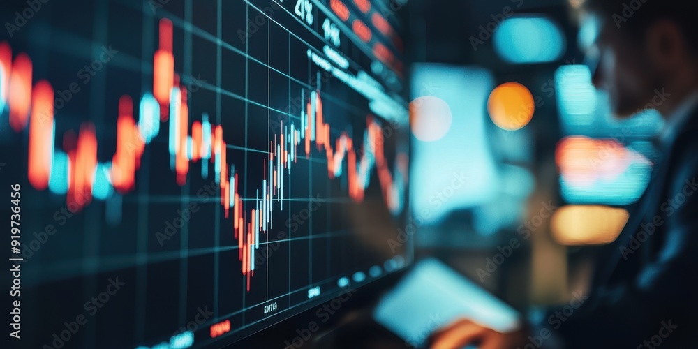 Poster a close-up view of a businessman analyzing financial data on a digital screen with stock market tren