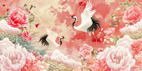 In this invitation card design, there are vintage Chinese cloud decorations, peony flowers with floral gold texture. Crane birds are interspersed with abstract banners with abstract patterns