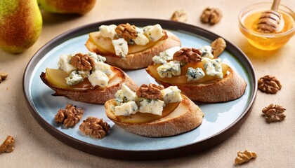 Pear Blue Cheese Honey Crostini with Walnuts. Easy Snack for Surprise Guests Friends