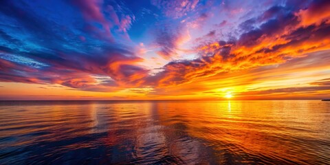 Vibrant sunset casting warm colors over the calm sea, sunset, sea, ocean, sky, horizon, water, reflection, nature, beauty