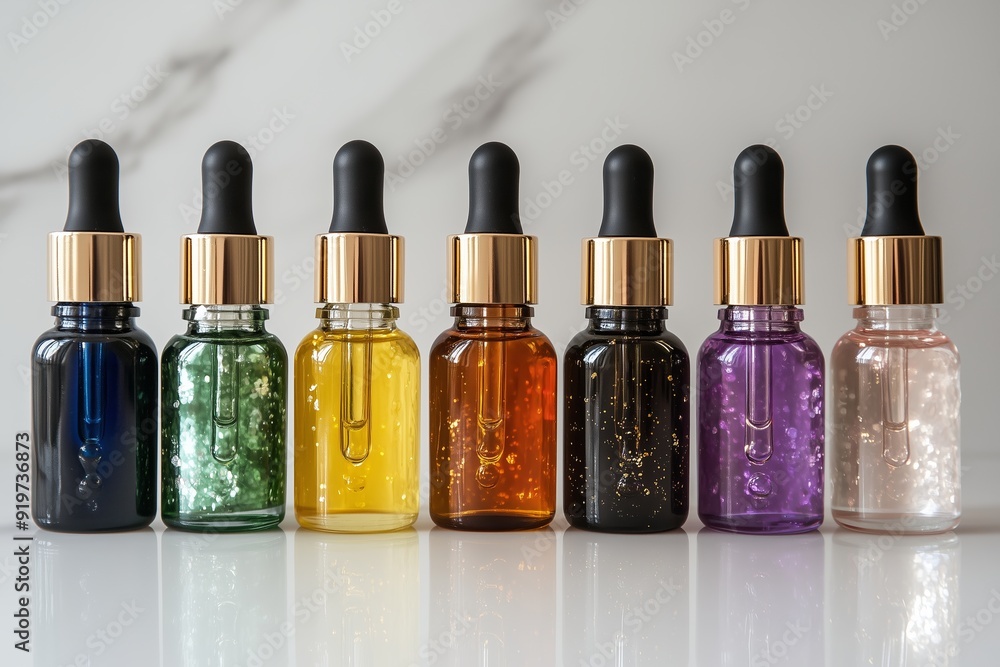 Poster different colored dropper bottles arranged neatly on a counter with a marble background during dayli