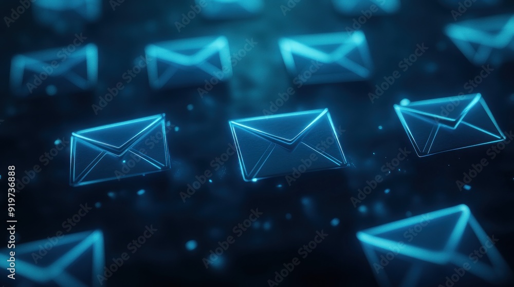 Wall mural Abstract Blue Email Icons on Dark Background