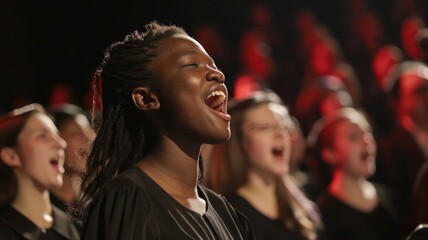 A multi-lingual choir singing a world anthem, showcasing the diversity and unity in music