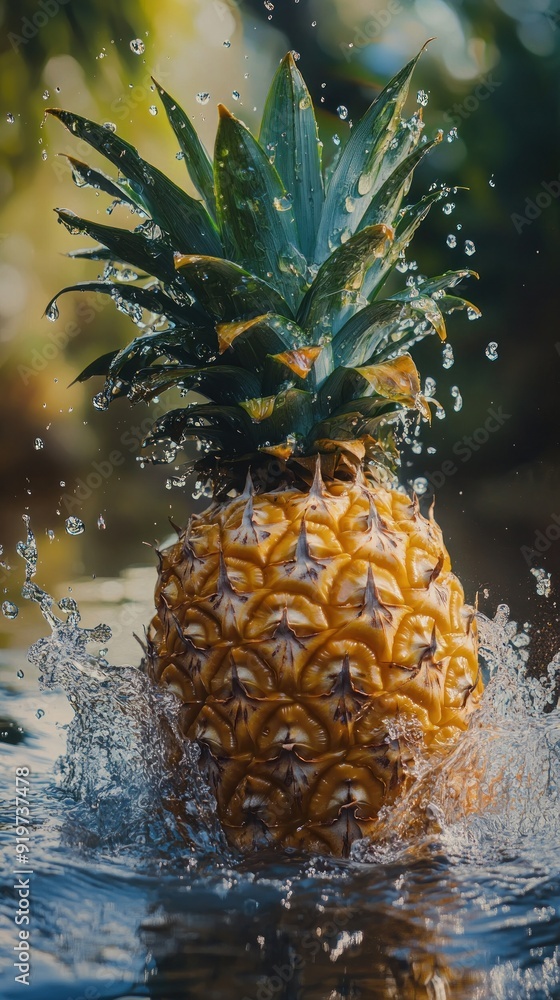 Poster A pineapple with water drops splashes into a pool of water, with a blurred green background.