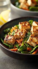 Vegetarian stirfry with Australian bush beans, carrots, and tofu, seasoned with native lemongrass, served on a colorful ceramic plate with a side of lemon aspen wedges