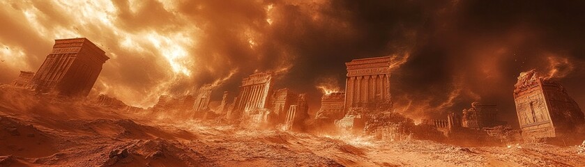 Fototapeta premium A violent sandstorm engulfing an ancient desert city, buildings being swallowed by the swirling sands, dark skies with a reddish hue, dramatic lighting, apocalyptic mood