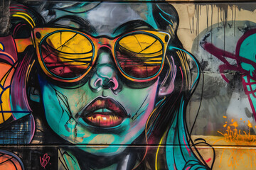 Vibrant street art mural depicting a stylized female face with oversized yellow sunglasses, showcasing urban culture and creativity.
