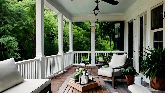 Cozy Porch with White Columns, Ceiling Fan and Seating Area