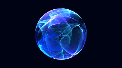 Vibrant glowing particle 3d sphere. Virtual AI assistant concept. Abstract technology, science, engineering, artificial intelligence, and neural networks. Colorful neon energy orb.