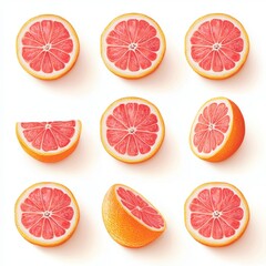 A collection of nine images showcasing various perspectives of a juicy, halved grapefruit, with a single slice included, set against a pristine white backdrop.