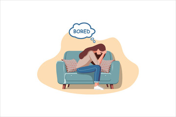 Bored young woman sitting on sofa in flat design. Front view of unhappy female worrying about her problem.