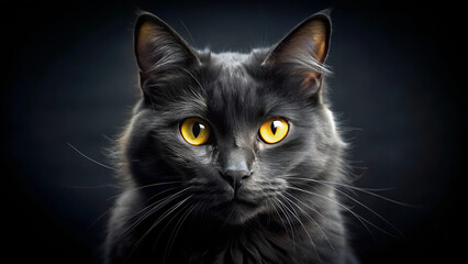 Close-Up of a Black Cat with Intense Yellow Eyes in the Dark