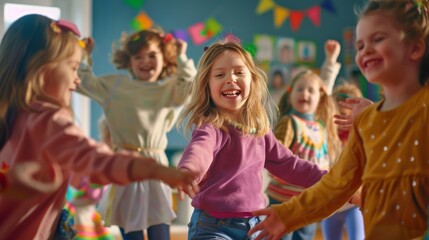 Children dancing happily together with teacher at nursery school