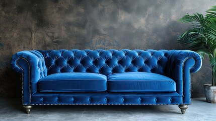 Obraz premium Luxurious blue velvet sofa in Modern Living Space on empty concrete wall background