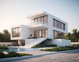 Fototapeta premium A modern, minimalist two-story house with a flat roof, large glass windows, and a spacious wooden deck leading to a serene pool, surrounded by greenery. Ai generated image.